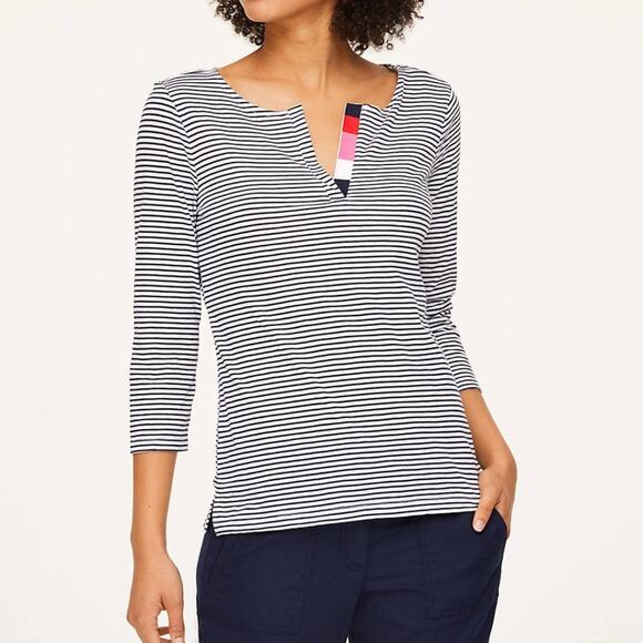 LOFT Blue Striped Floral Split Neck Tee - Picture 2 of 11